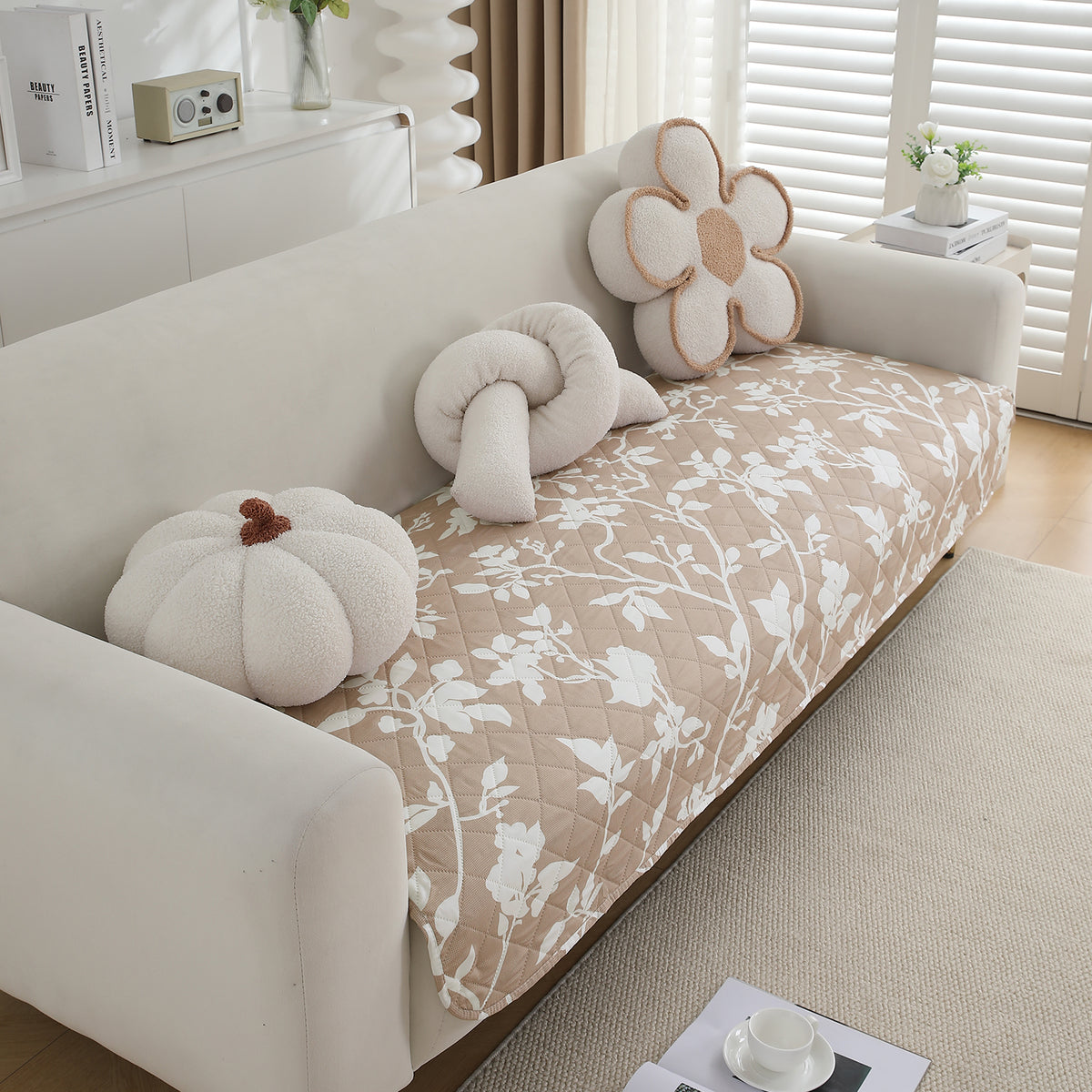 Water Repellent + Waterproof Quilted Sofa Mats, Buff Brown Sillehoute Floral