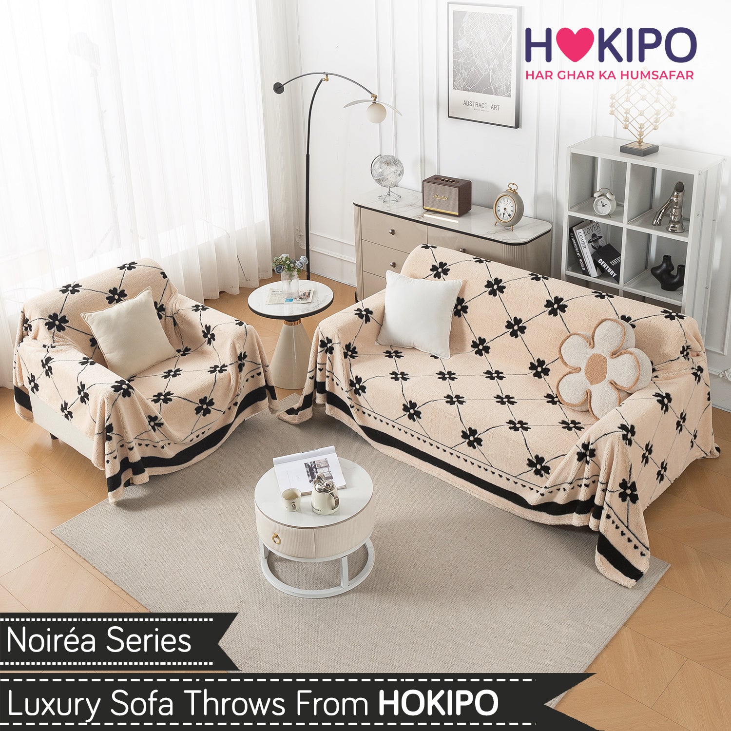 Buy Floral Lattice Design Noirea Series Plush Sherpa Sofa Throw for 3 1​ Seater Sofa Set | HOKIPO