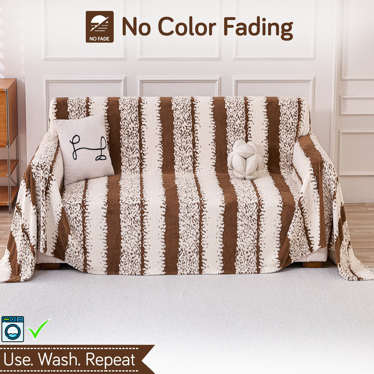 Buy 2 Seater Desert Brown Colour Luxury Wavy Plush Sofa Throw – Washable & Soft | HOKIPO