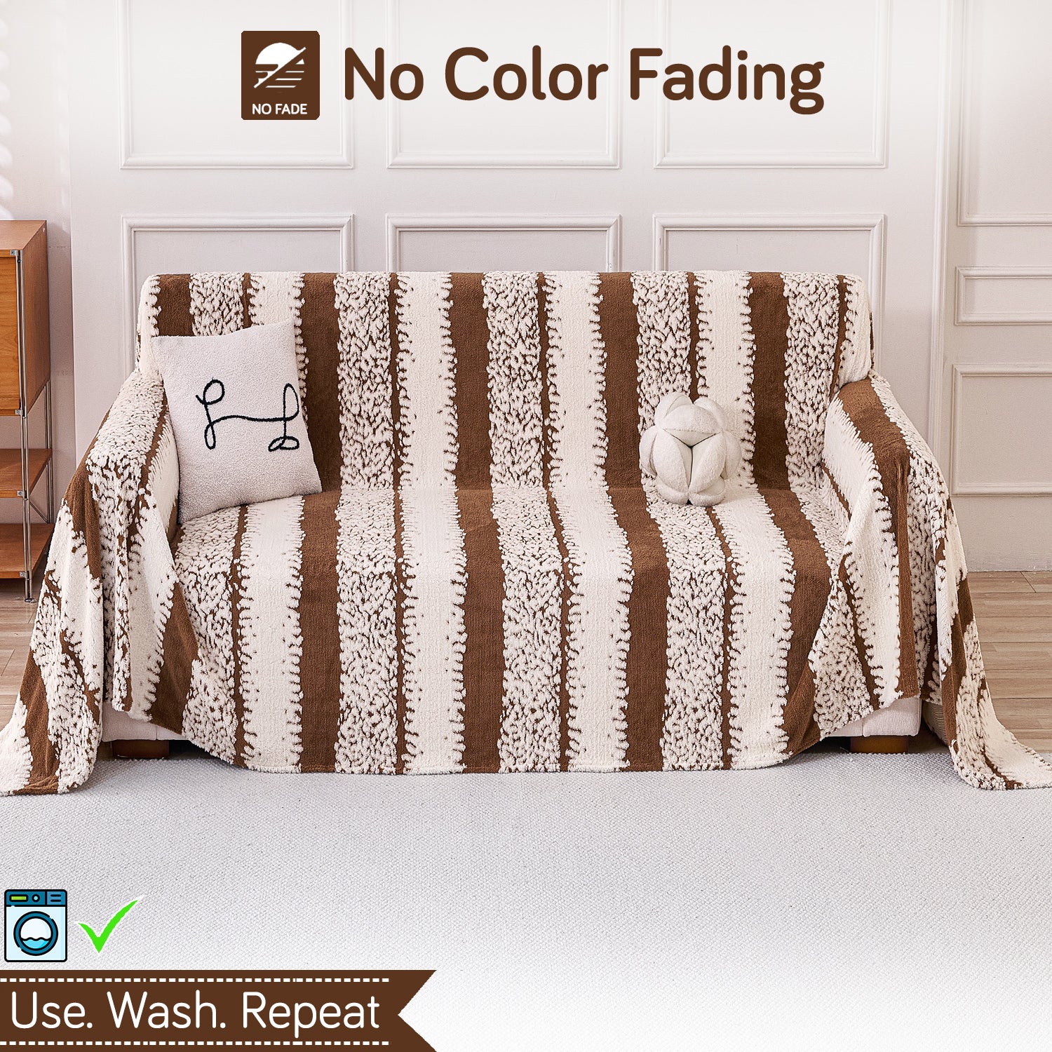 Buy 2 Seater Desert Brown Colour Luxury Wavy Plush Sofa Throw – Washable & Soft | HOKIPO