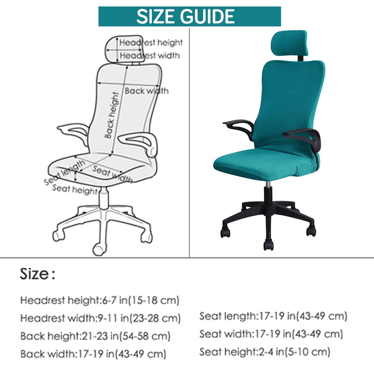 Water Repellent Office Chair Cover with Headrest (High-Back) – 210 GSM Stretch Jacquard – Washable, Anti-Slip Fit for Ergonomic Mesh Office Chairs, Teal
