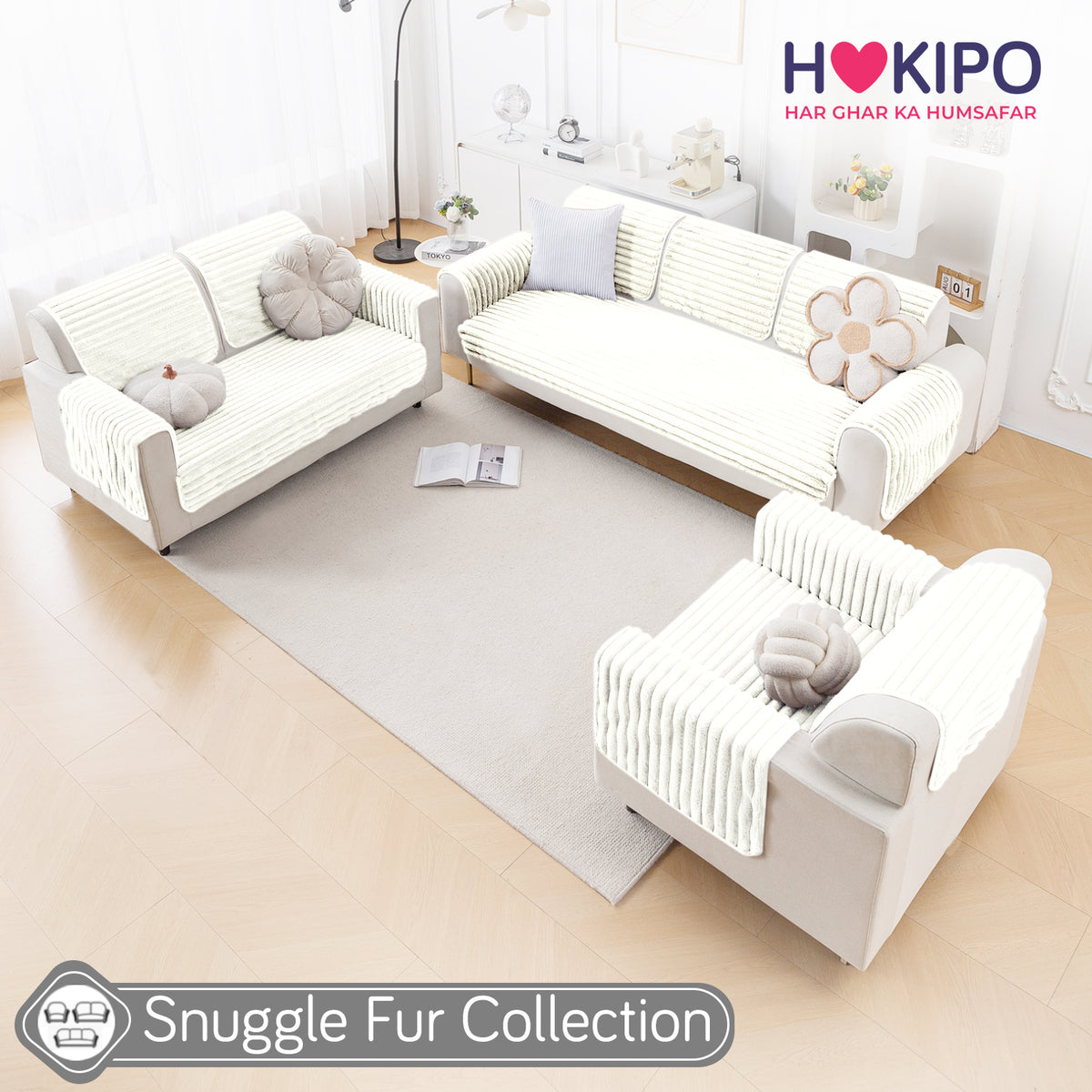 Faux Rabbit Fur Plush Anti-Slip Sofa Mat |Snuggle Fur Pearl White