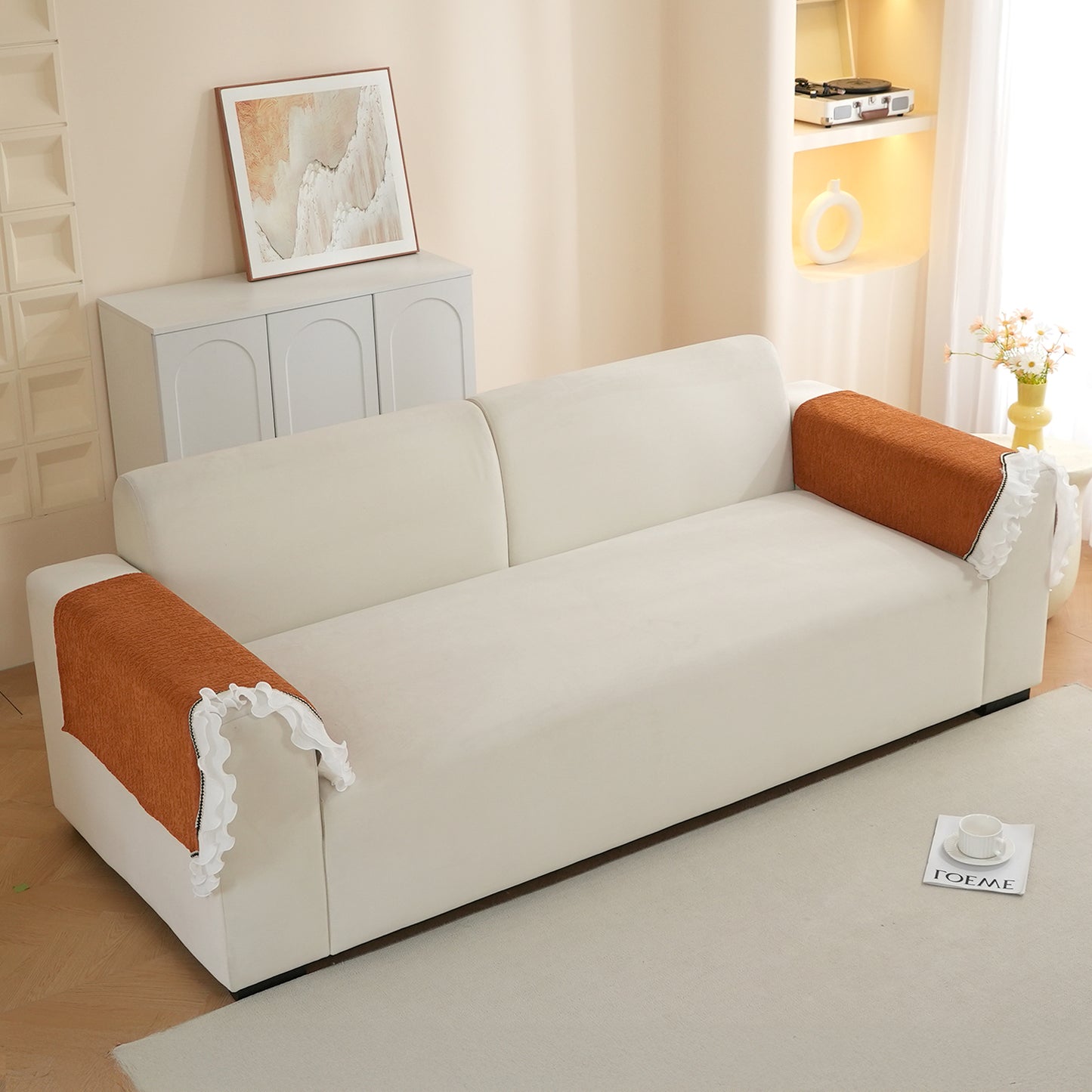 French Classic Frill Wavy Sofa Cover Mat with Curve & Lace - Copper Orange