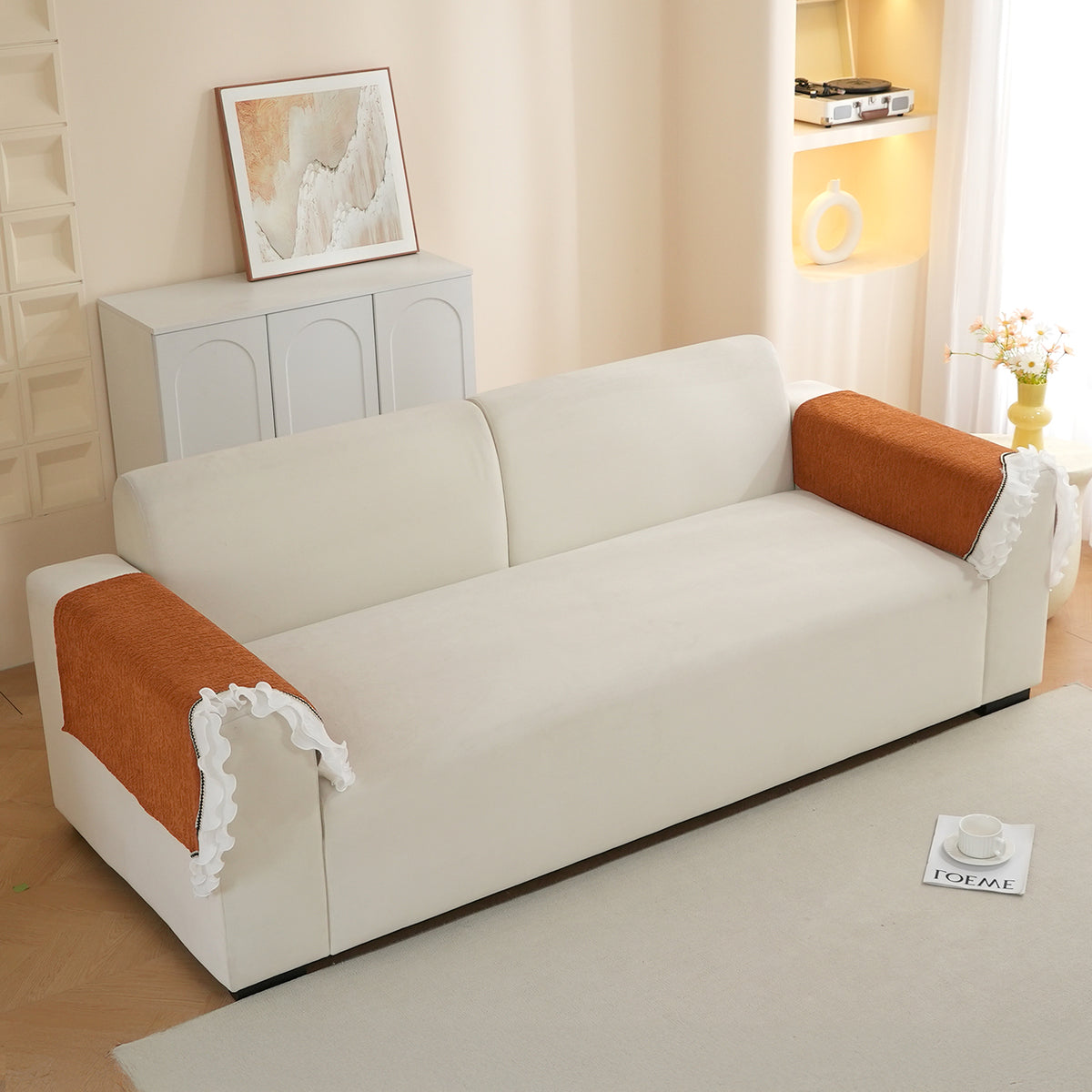 French Classic Frill Wavy Sofa Cover Mat with Curve & Lace - Copper Orange