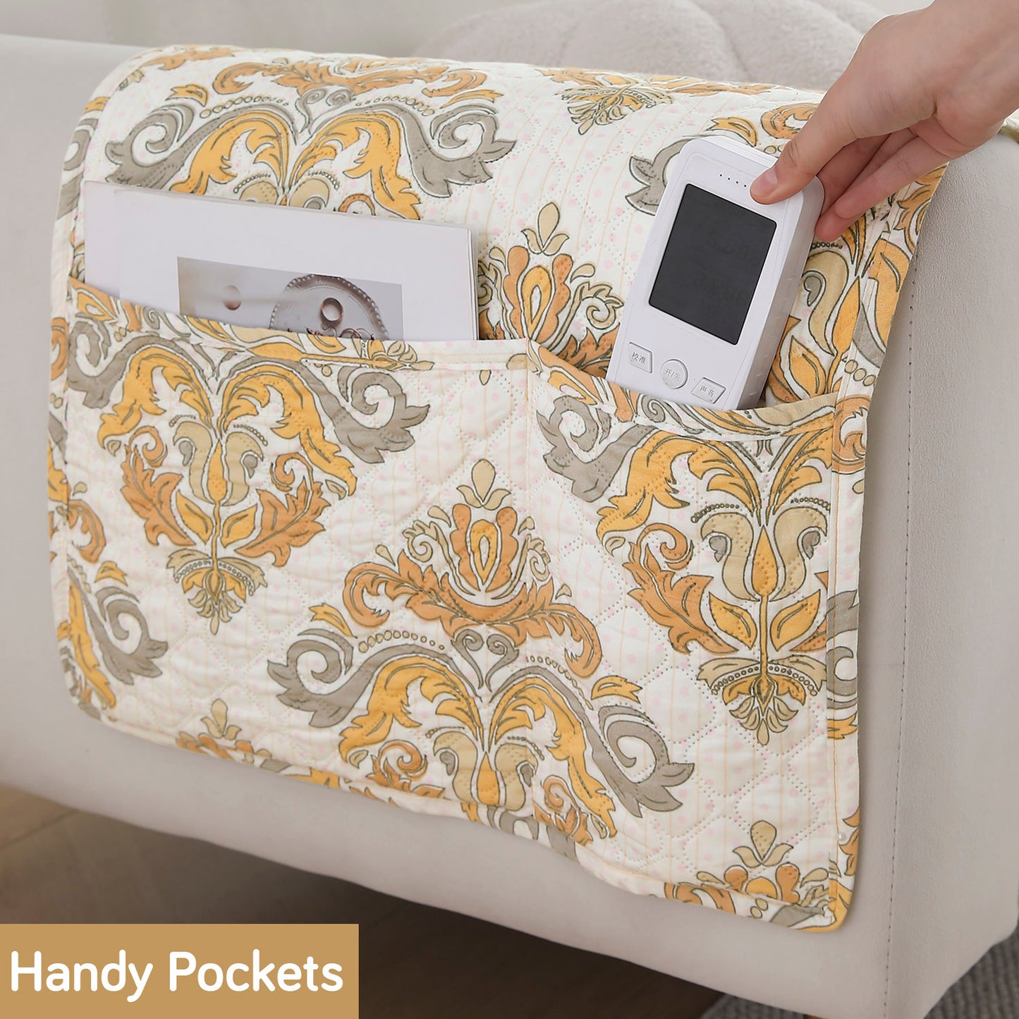 Quilted Sofa Seat Mat with Two Armrest Covers with Pockets for 1/2/3 Seater Sofa, Damask Beige