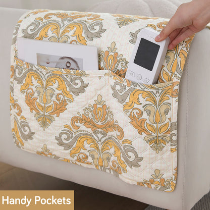 Quilted Sofa Seat Mat with Two Armrest Covers with Pockets for 1/2/3 Seater Sofa, Damask Beige