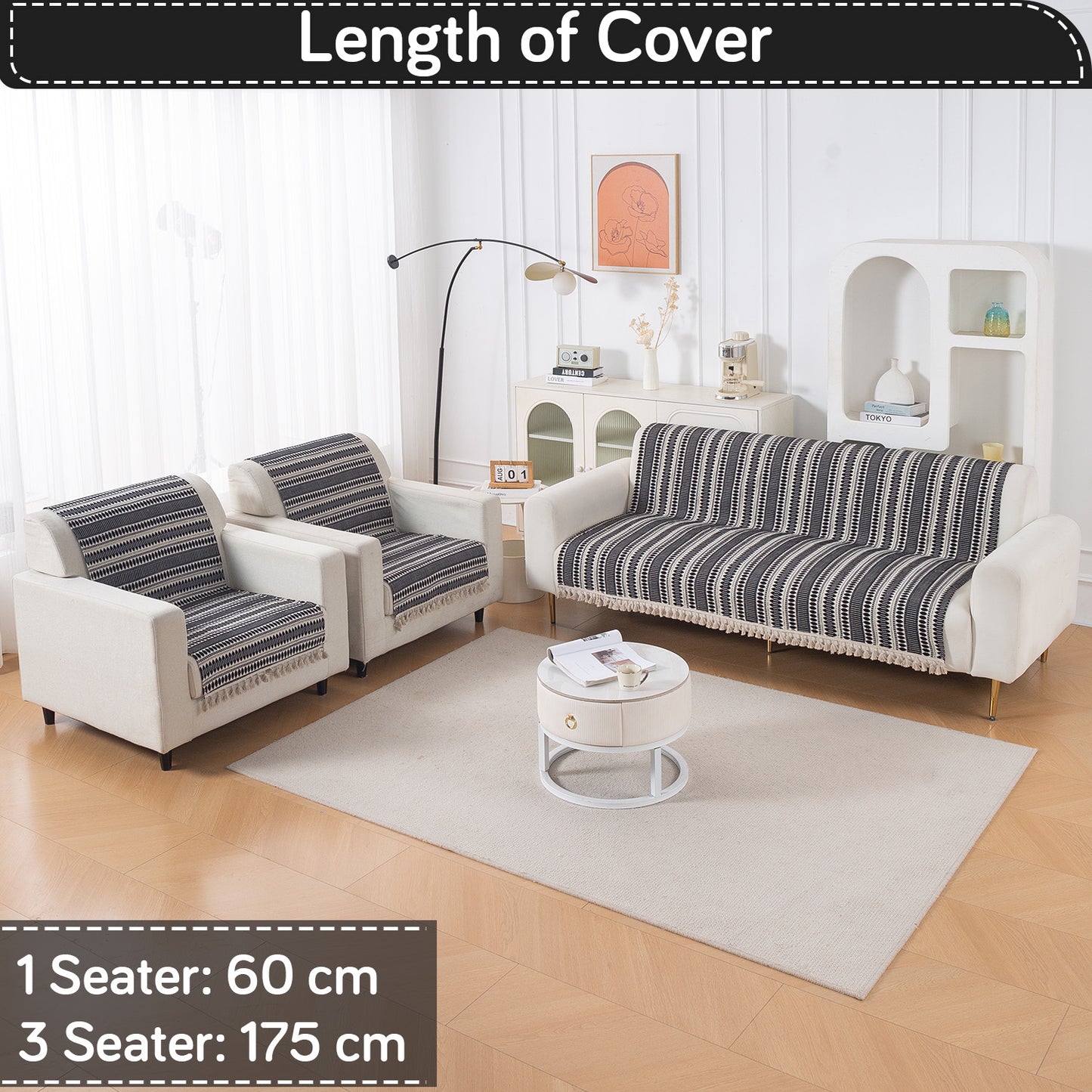 Artisan Boho Series 5-Seater Sofa Cover with Tassels (3+1+1), Charcoal Black