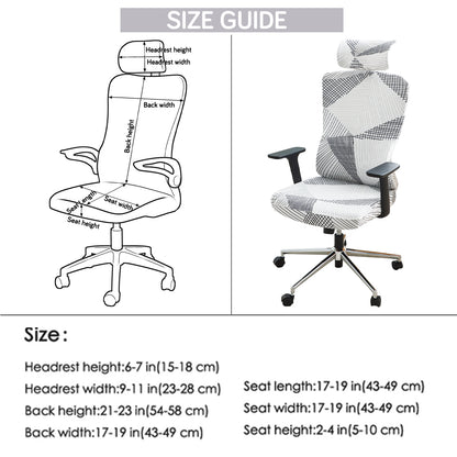 Printed Office Chair Cover with Headrest (High-Back) – 140 GSM Stretch Fabric – Washable, Anti-Slip Fit for Ergonomic Mesh Office Chairs, Snow White Black Geometry