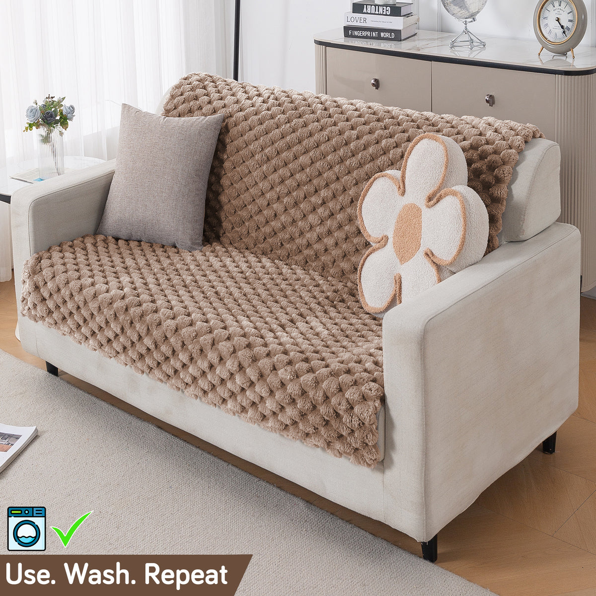 'BunnySoft Series' Plush Sofa Cover Throw for Sofa Seat & Back, Canvas Brown