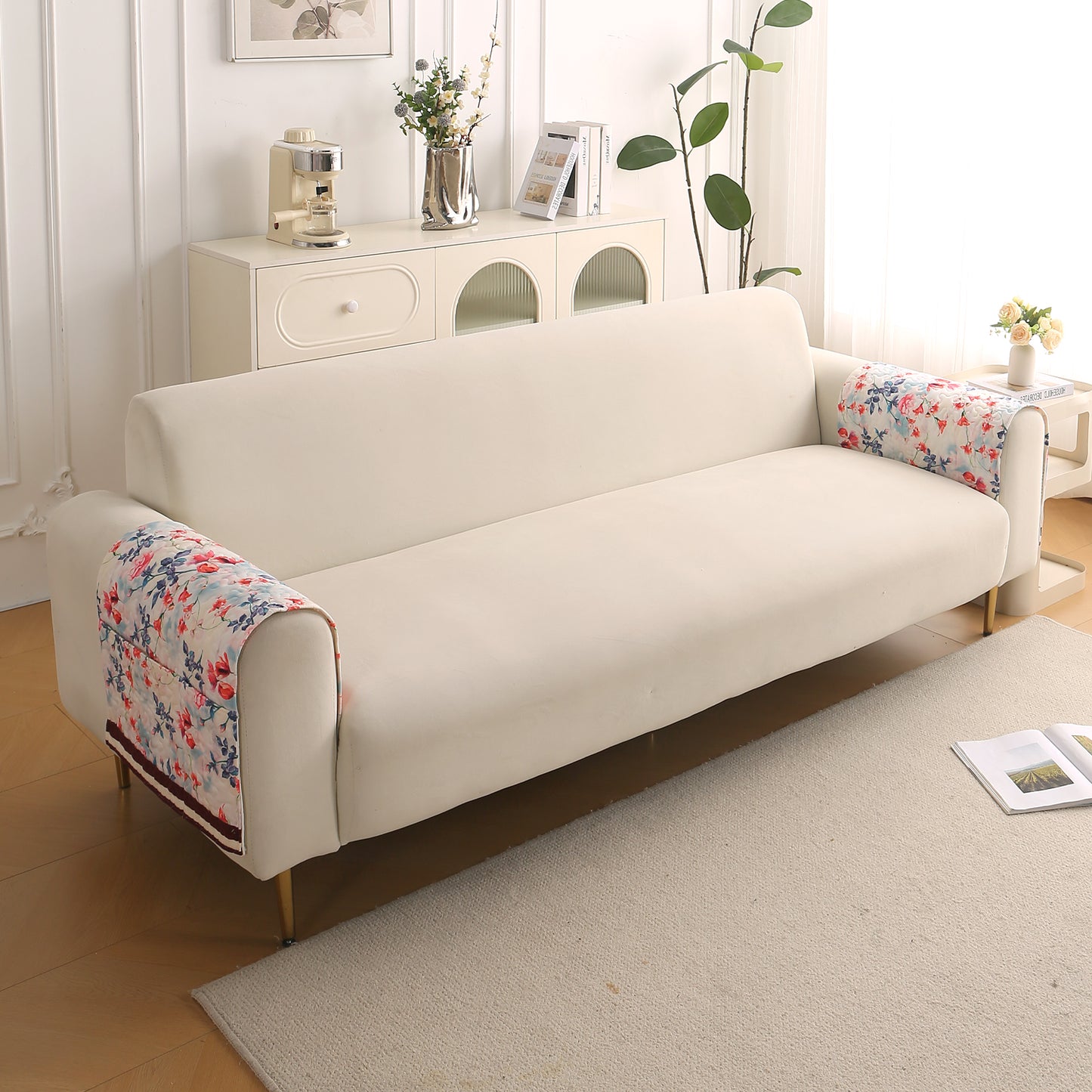 Florentina Series Printed Holland Velvet Sofa Mat - Scarlet Rose Ivory