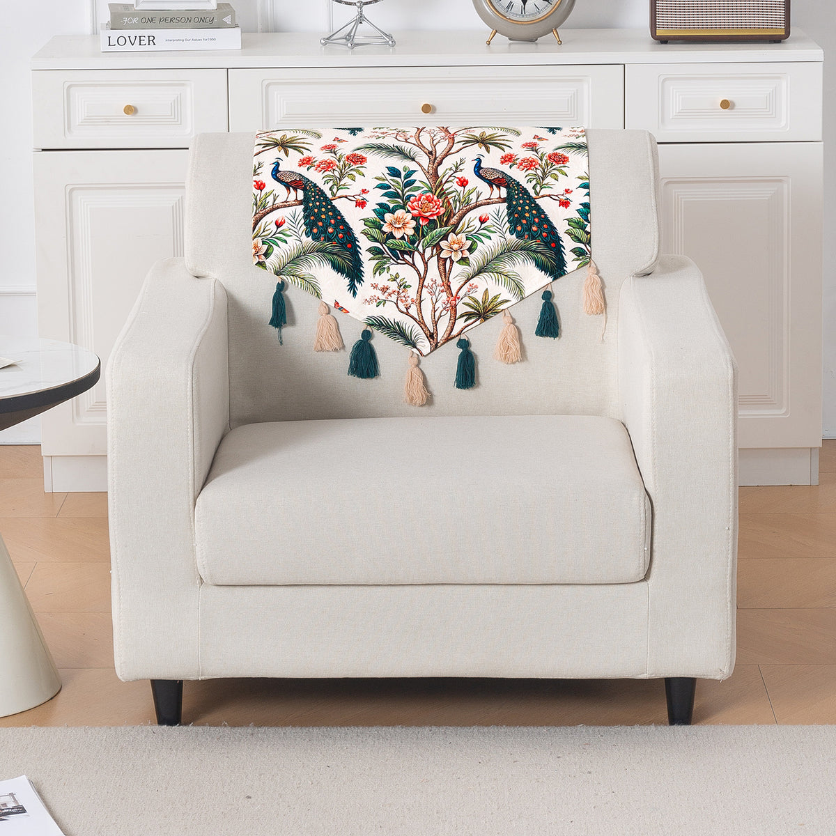'Whispers of Nature' Series Holland Velvet Sofa Mat with Tassel, Multicolor Tropical Peacock