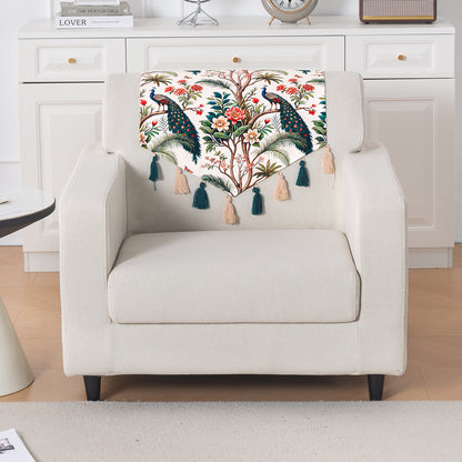 'Whispers of Nature' Series Holland Velvet Sofa Mat with Tassel, Multicolor Tropical Peacock