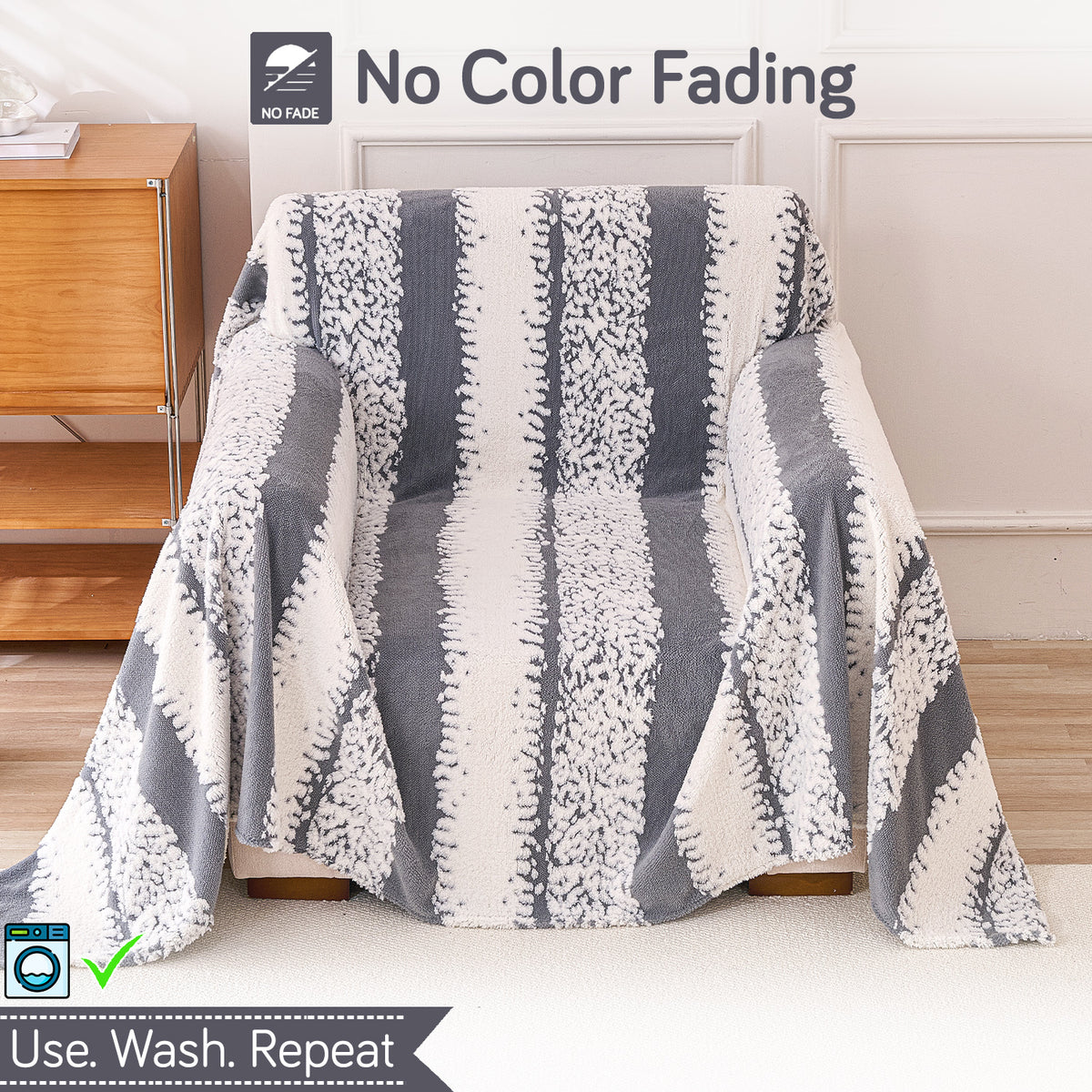 Buy Pewter Grey Colour Luxury Wavy Plush Sofa Throw – Washable & Soft | HOKIPO