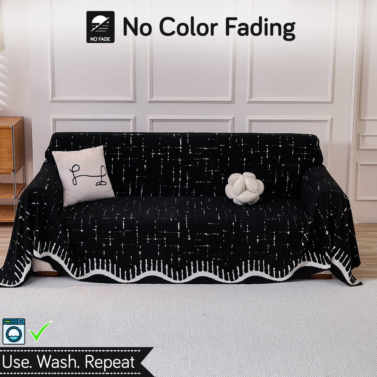Buy Black Colour Supple Soft Wavy Plush Sofa Throw Cover – 3 Seater Sofas | HOKIPO