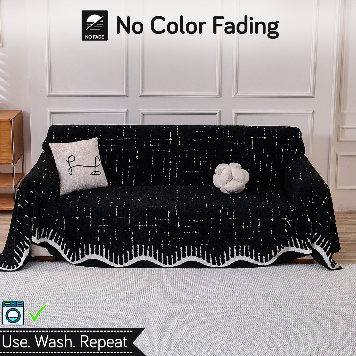 Buy Black Colour Supple Soft Wavy Plush Sofa Throw Cover – 3 Seater Sofas | HOKIPO