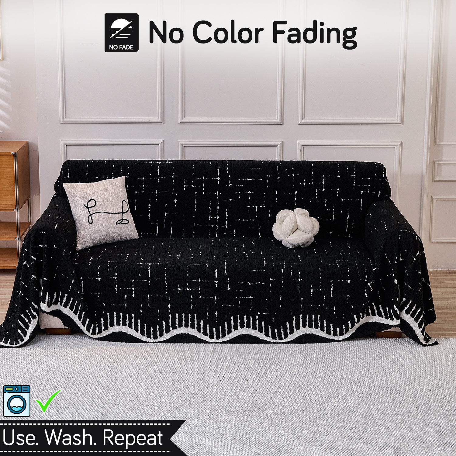 Buy Black Colour Supple Soft Wavy Plush Sofa Throw Cover – 3 Seater Sofas | HOKIPO