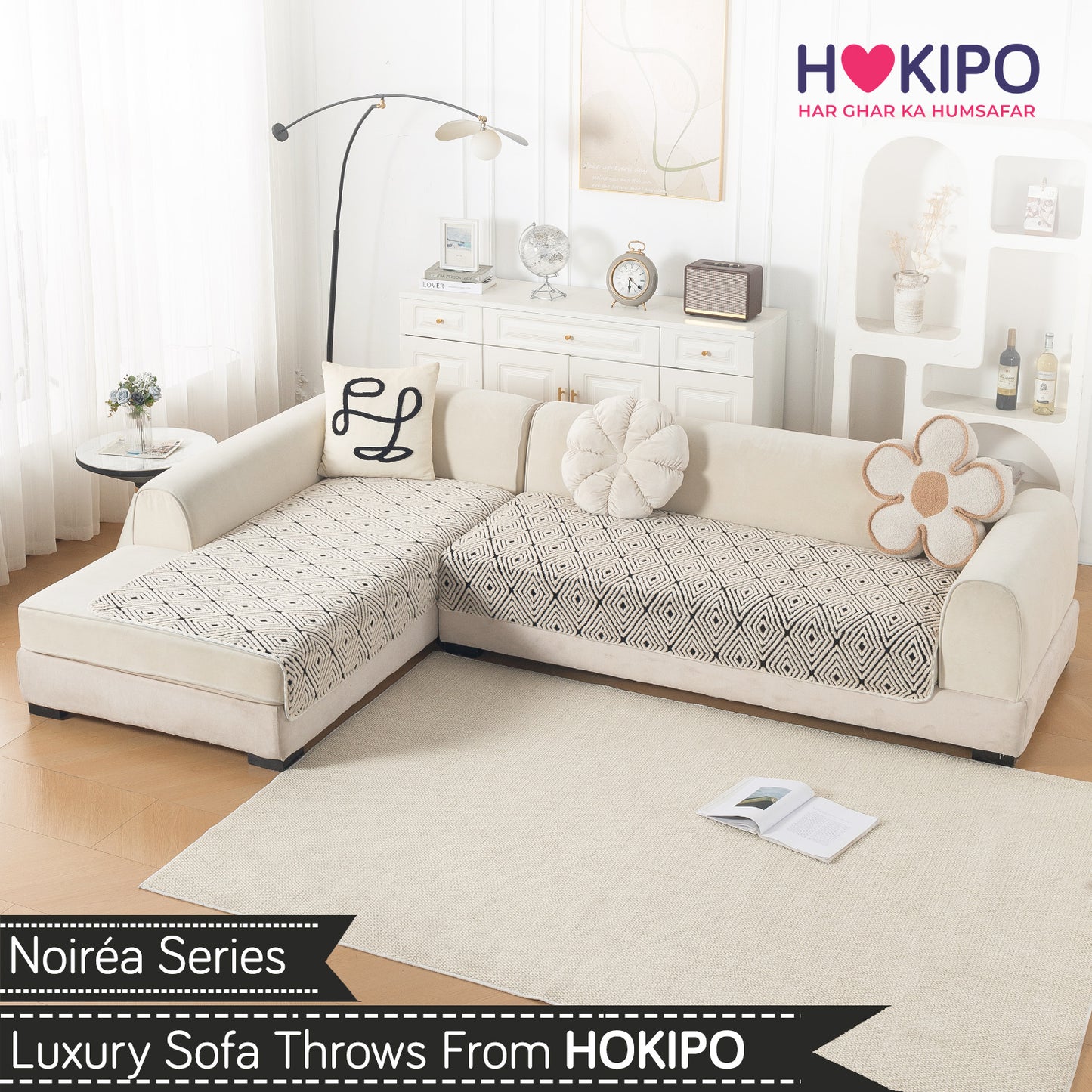 Luxury Plush Sherpa Anti Slip L Shape & Combination Sofa Mat, 'Noirea Series'|Geometric Diamond