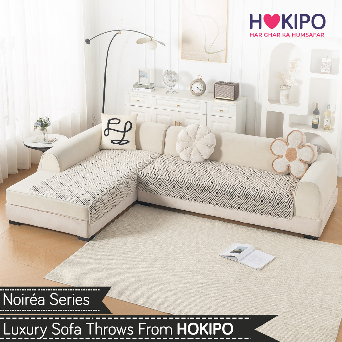 Luxury Plush Sherpa Anti Slip Combination Sofa Mat, 'Noirea Series'|Geometric Diamond