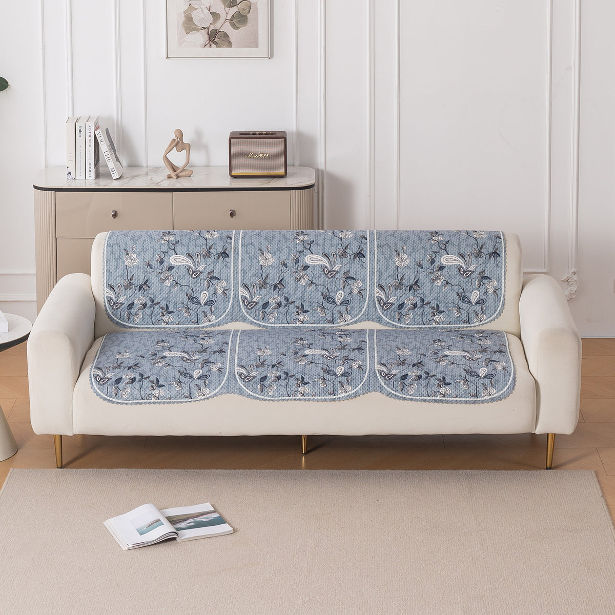 HeavenHue Fleece Soft Touch Quilted Sofa Cover Set Washable Sofa Panel for Seat & Back - Frosted Petals