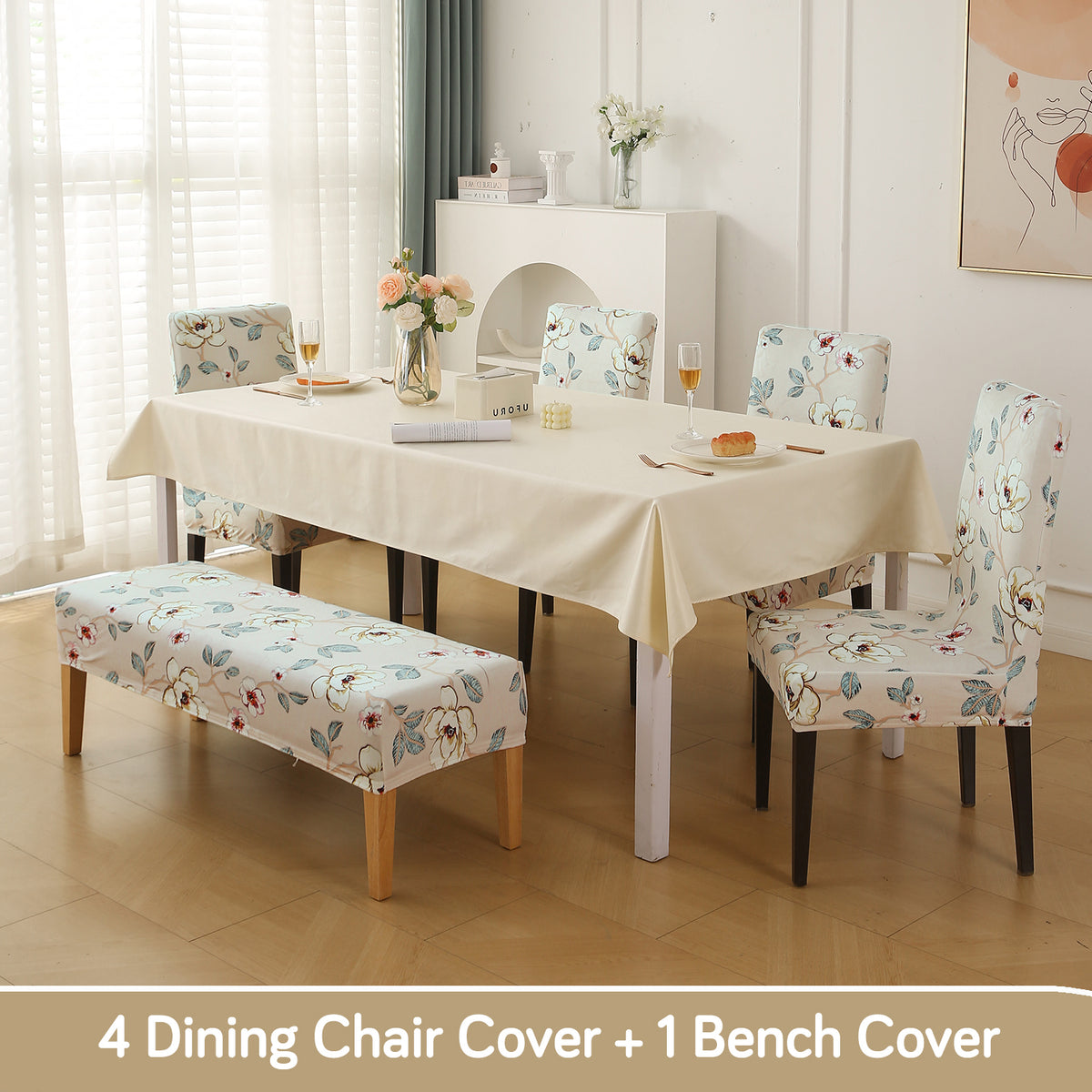 Premium Velvet Cover Set for 4 Dining Chairs + 1 Dining Bench, Buttercream Magnolia Whisper