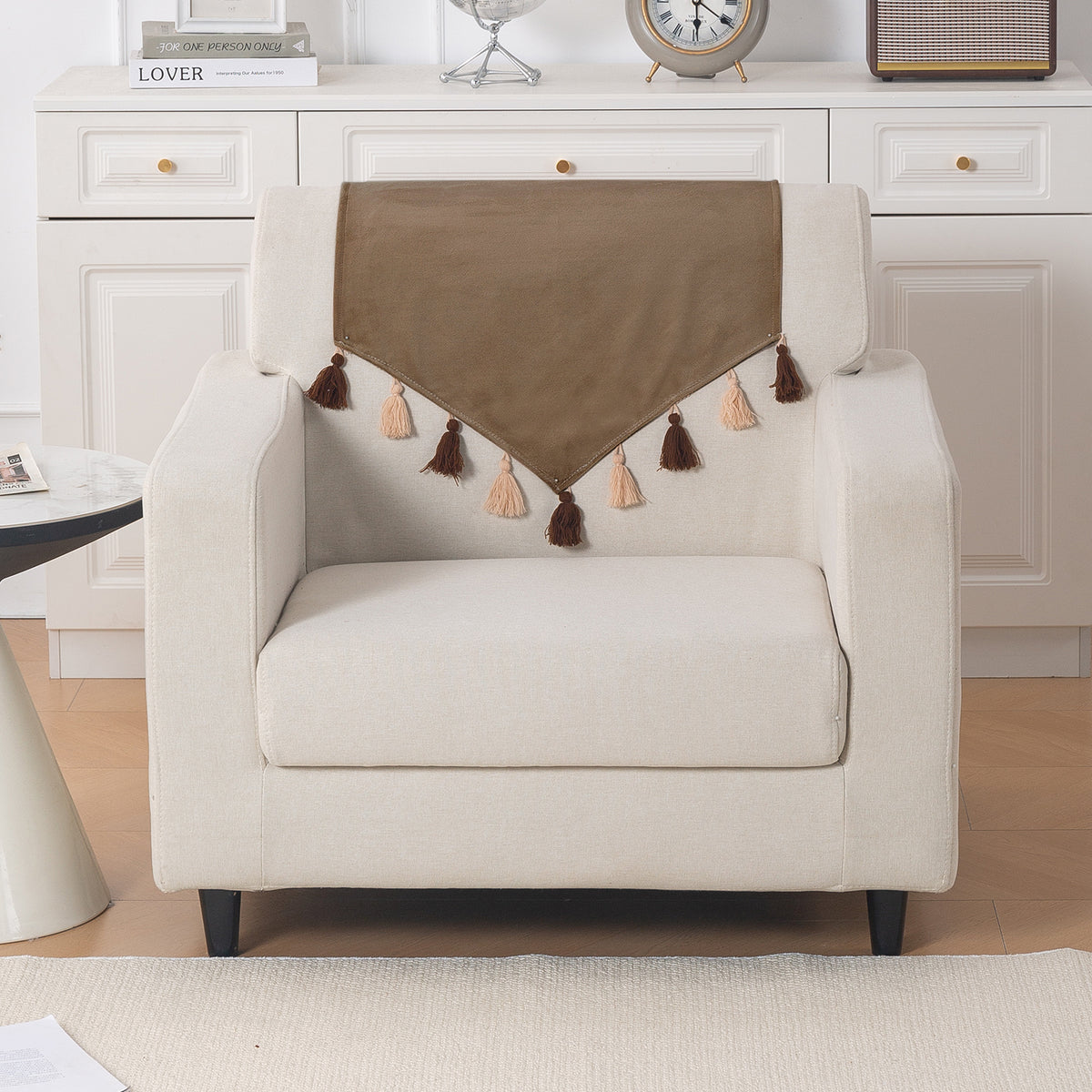 Tassel Tone Holland Velvet Sofa Cover Mat, Warm Taupe