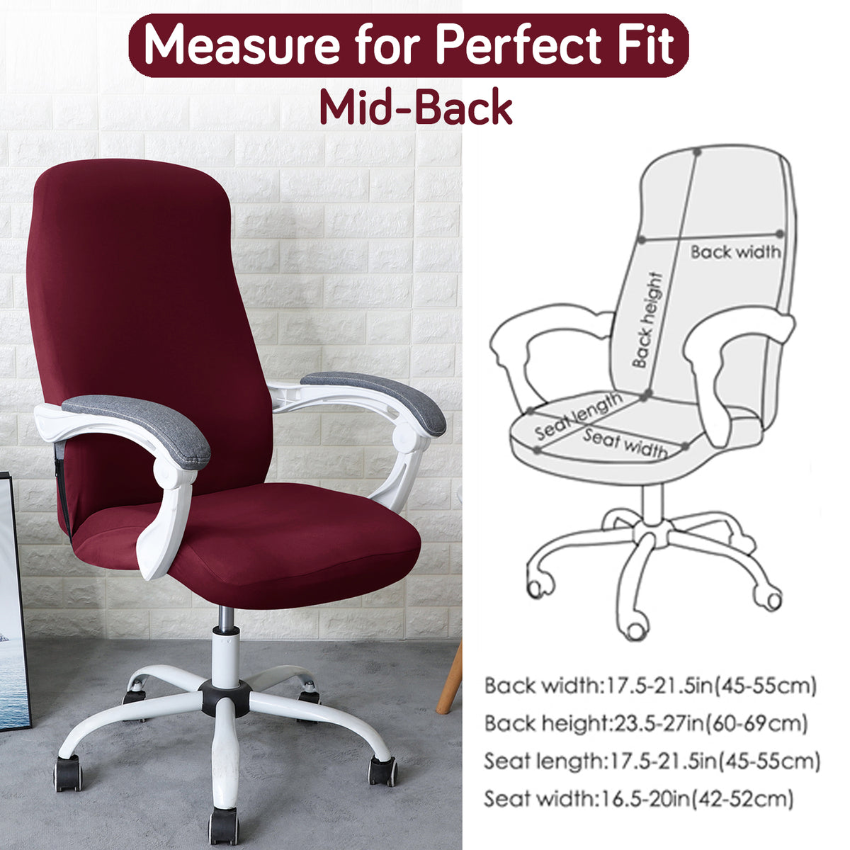 Office Chair Cover for Desk Chair (Mid-Back) – 140 GSM Stretch Fabric – Washable, Durable & Anti-Slip – Fits Mid-Back Office Chairs, Burgundy