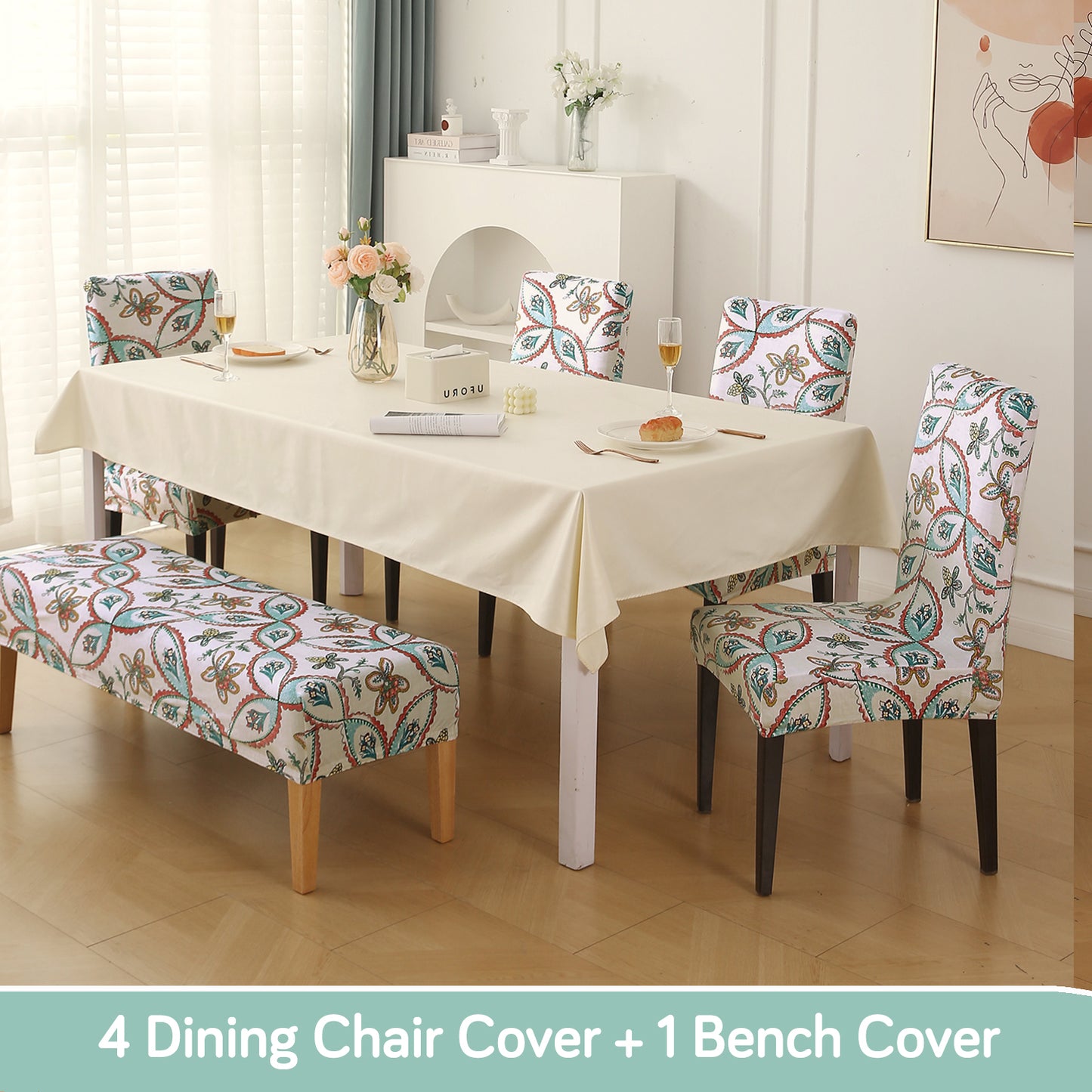 Premium Velvet Cover Set for 4 Dining Chairs + 1 Dining Bench, Beige Persian Garden