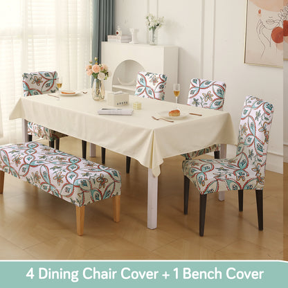 Premium Velvet Cover Set for 4 Dining Chairs + 1 Dining Bench, Beige Persian Garden
