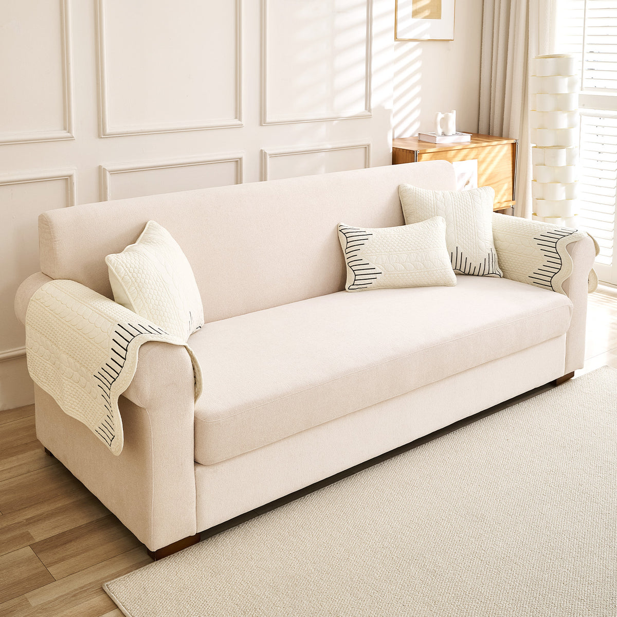 Cotton Reverie with a Curved Wavy Edge Sofa Mat, Midnight Cream