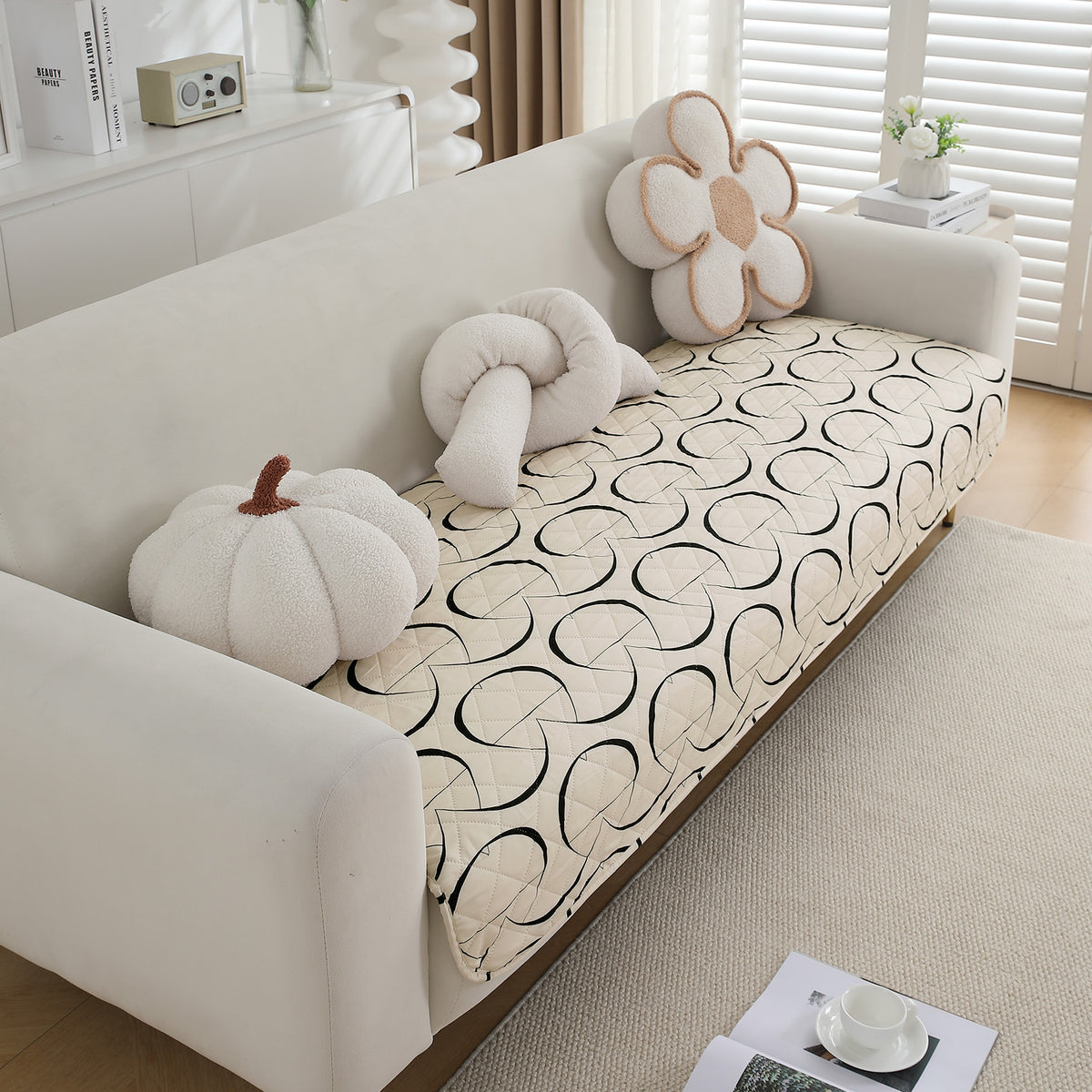 Water Repellent + Waterproof Quilted Sofa Mats, Natural Beige Abstract Art