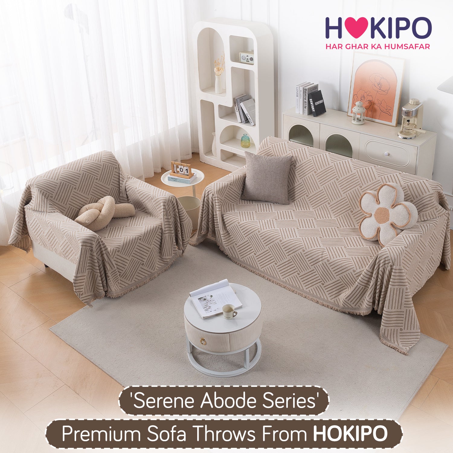 Buy Beige Geo Weave Serene Abode Chenille Sofa Throw for 3+1 Sofa Sets | HOKIPO