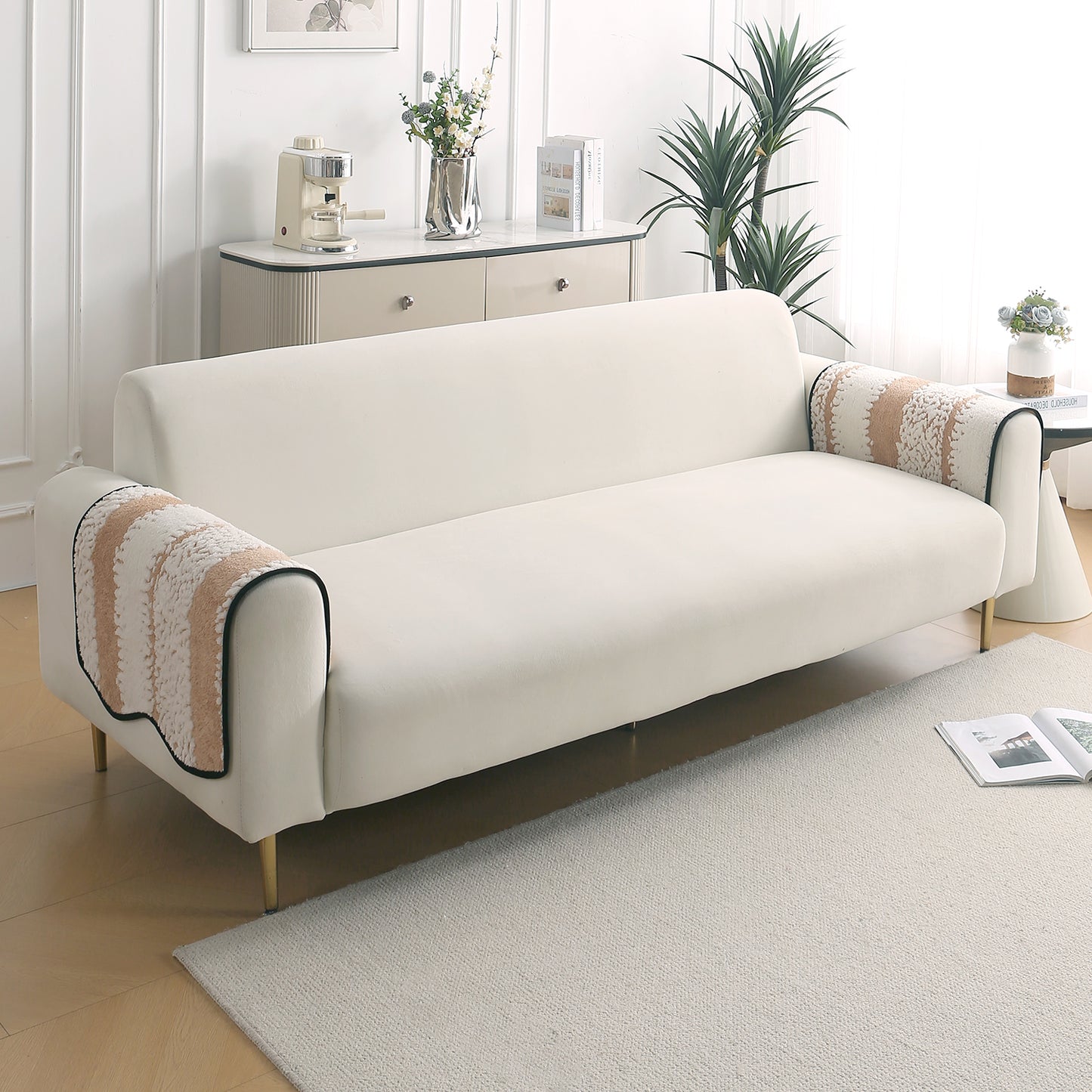 Luxury Wavy Plush Anti-Slip Sofa Cover Mats - Desert Brown