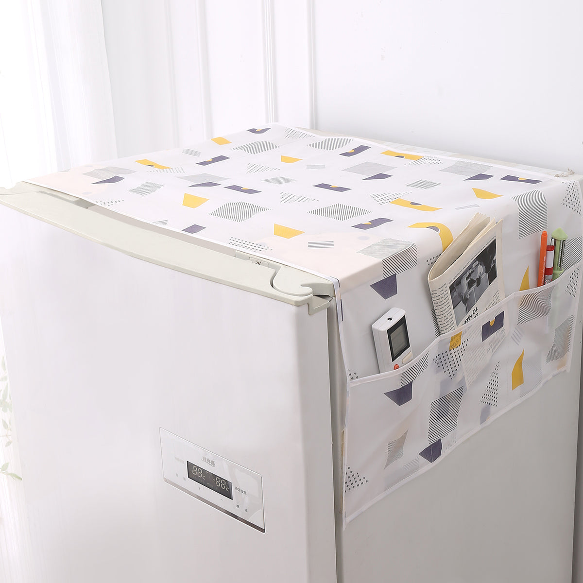 Small / Large Fridge Cover Top | For Smaller Single Door, Double Door and Bigger Double Door Refrigerator - Waterproof, Printed with 6 Side Pockets, Geometric Abstract