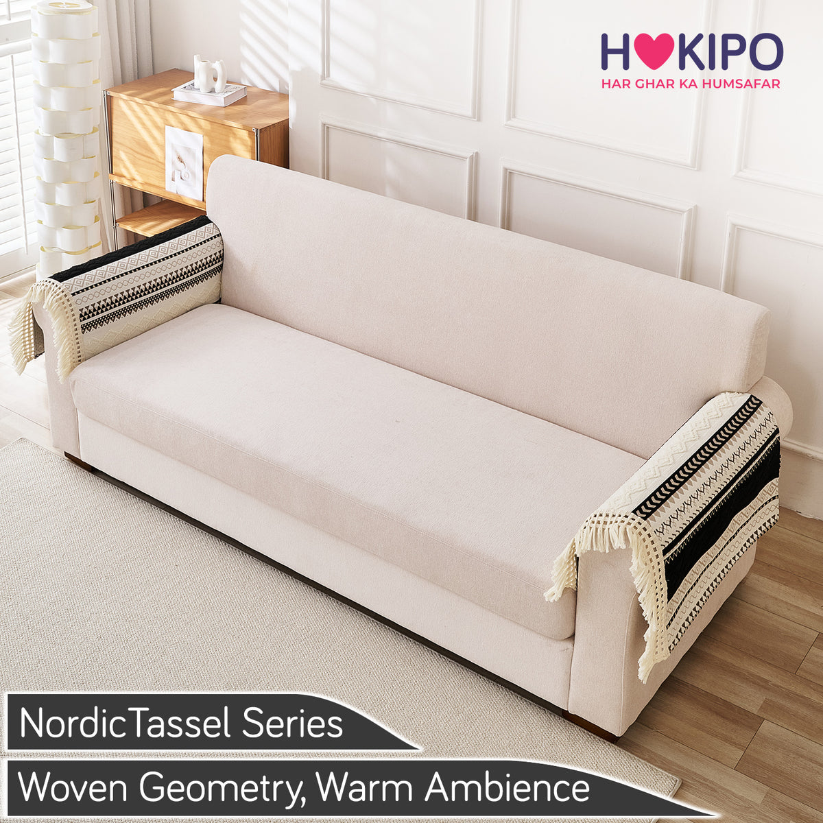 Nordic Boho Geometric Sofa Cover Mat with Tassel, 'Nordic Tassel Series'  Aurora Black