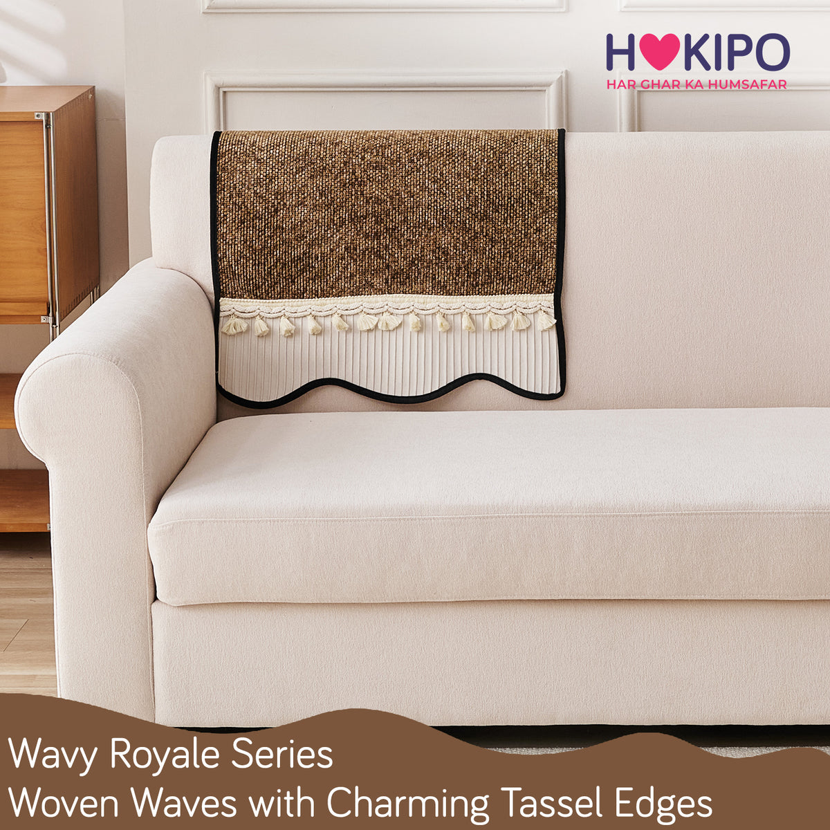 'Wavy Royale Series' Thick Woven Weave Chenille Sofa Cover with Tassel, Chestnut Brown
