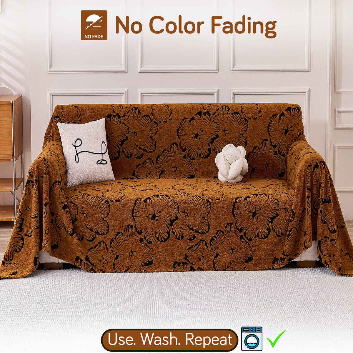 Buy Rustic Caramel Colour Camellia Blossom Luxury Plush Sofa Throw​ for 2 seater​ sofa | HOKIPO