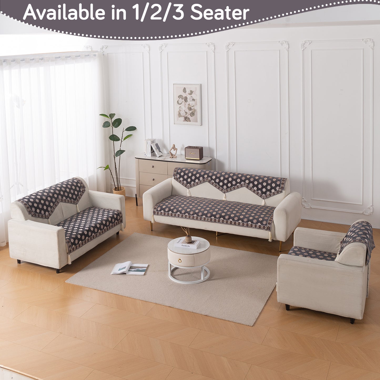 Heritage Weave Premium Jacquard Sofa Cover Set with Tassels - Graphite Grey