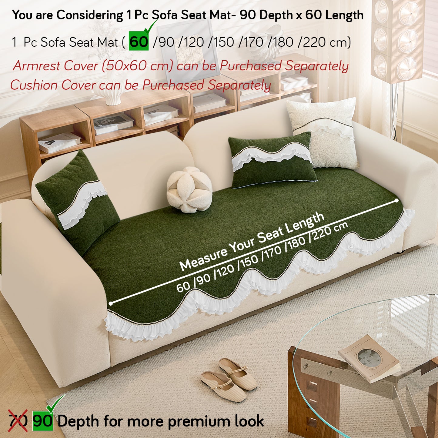 French Classic Frill Wavy Sofa Cover Mat, Dark Olive Green