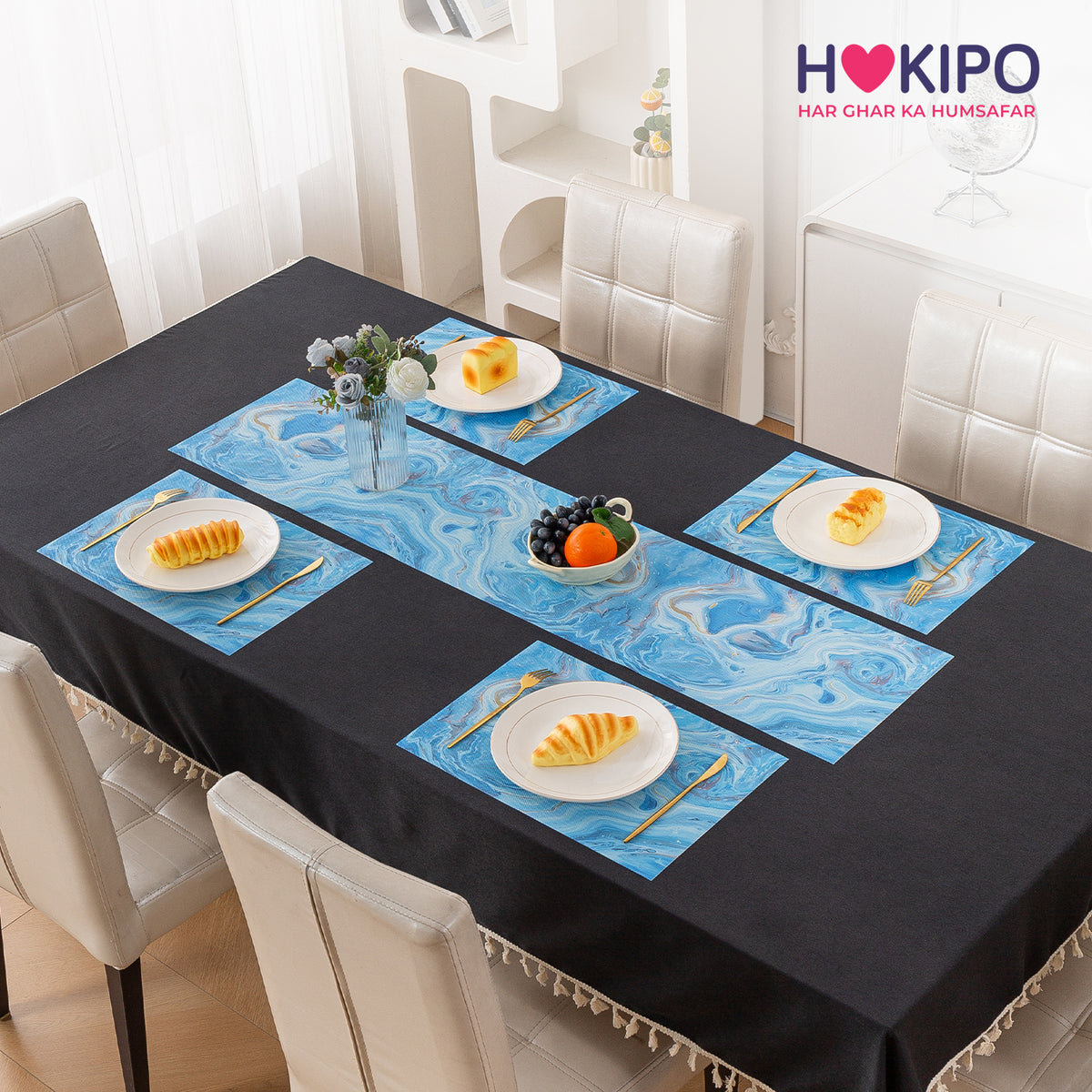 Marble Fusion PVC Mats for Dining Table, Aqua Swirl - Ocean Blue