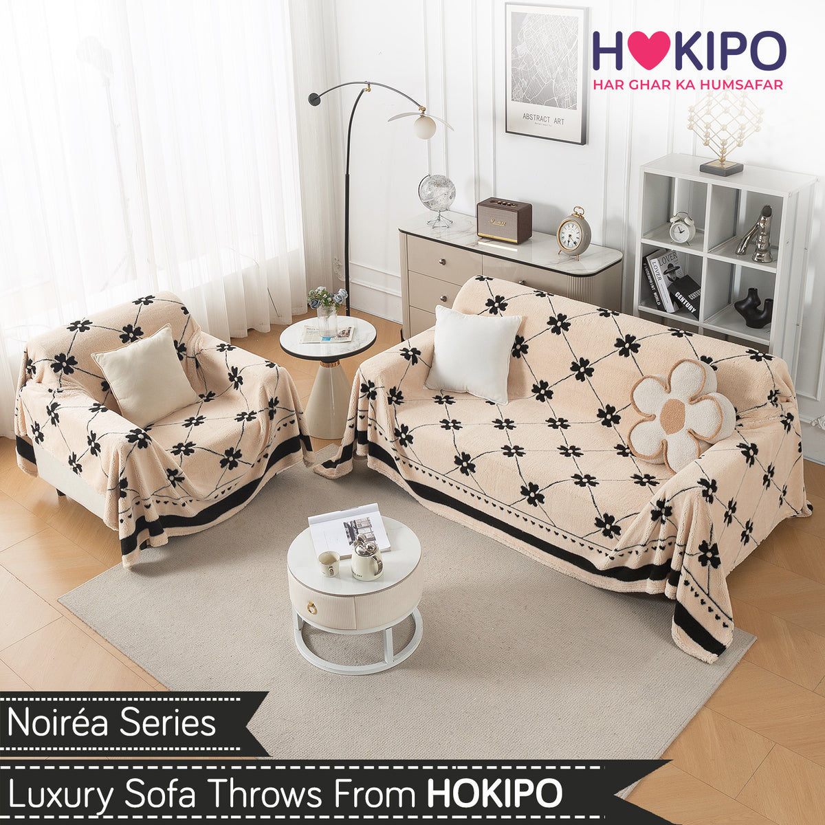 Buy Floral Lattice Design Noirea Series Plush Sherpa Sofa Throw or 2+1​ Seater Sofa Set | HOKIPO