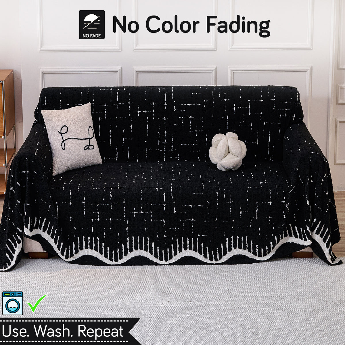 Buy Black Colour Supple Soft Wavy Plush Sofa Cover – 2 Seater Sofas | HOKIPO