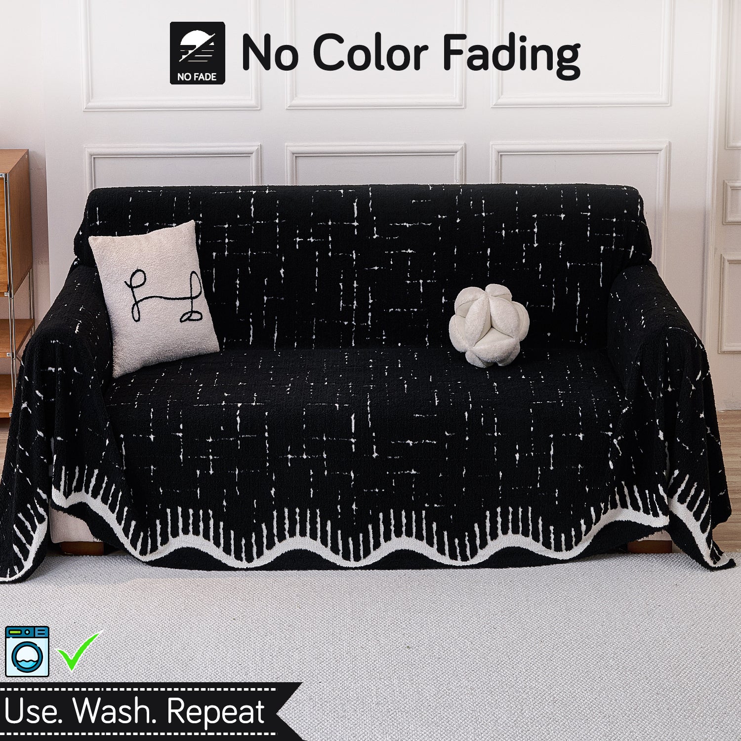 Buy Black Colour Supple Soft Wavy Plush Sofa Cover – 2 Seater Sofas | HOKIPO