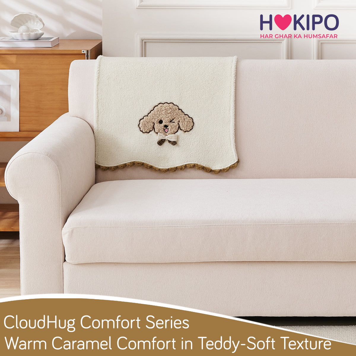 CloudHug Plush Sofa Cover Mat with PomPom and Wavy Edges, Ivory Cream