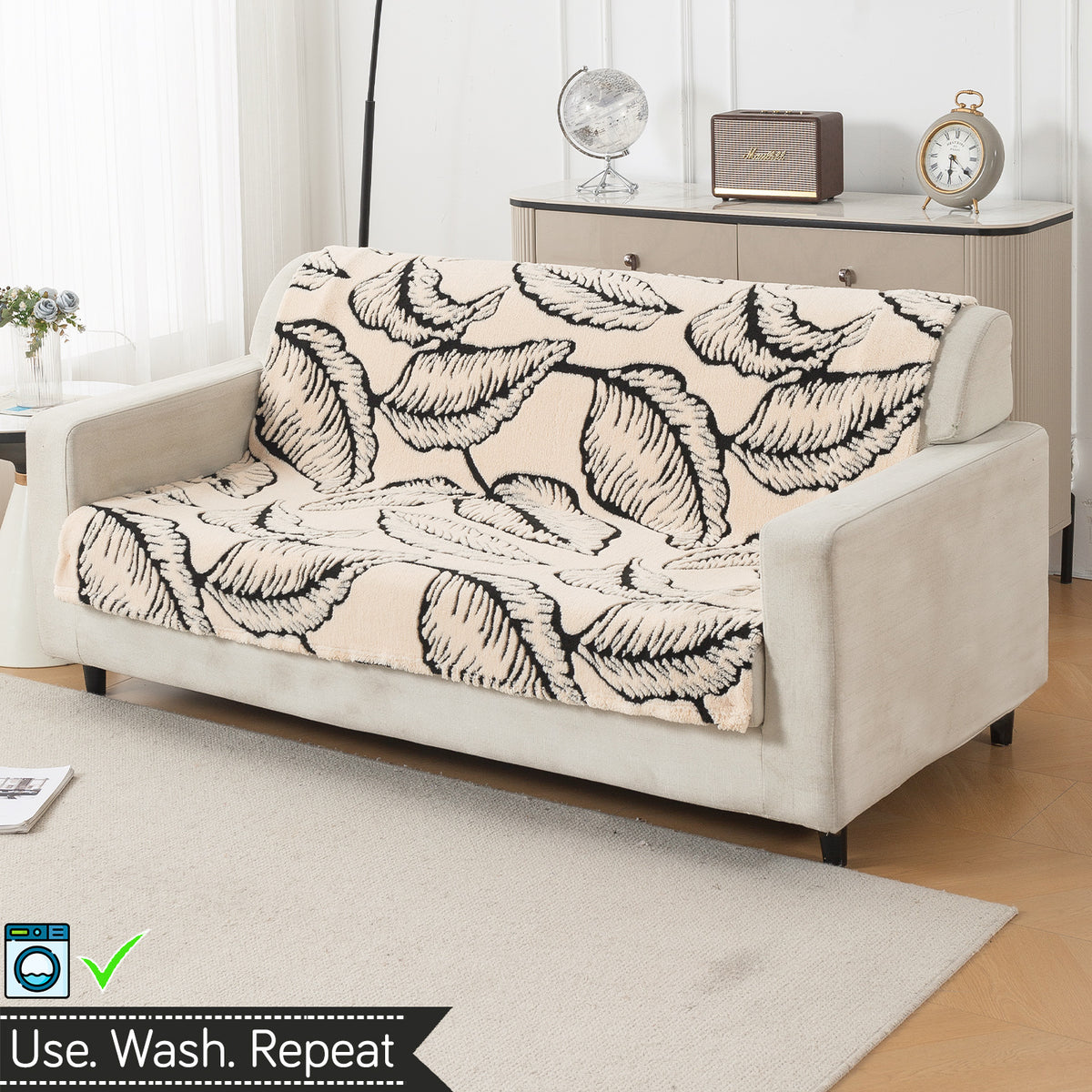 'Noirea Series' Plush Sofa Cover for Seat & Back, Botanical Leaf