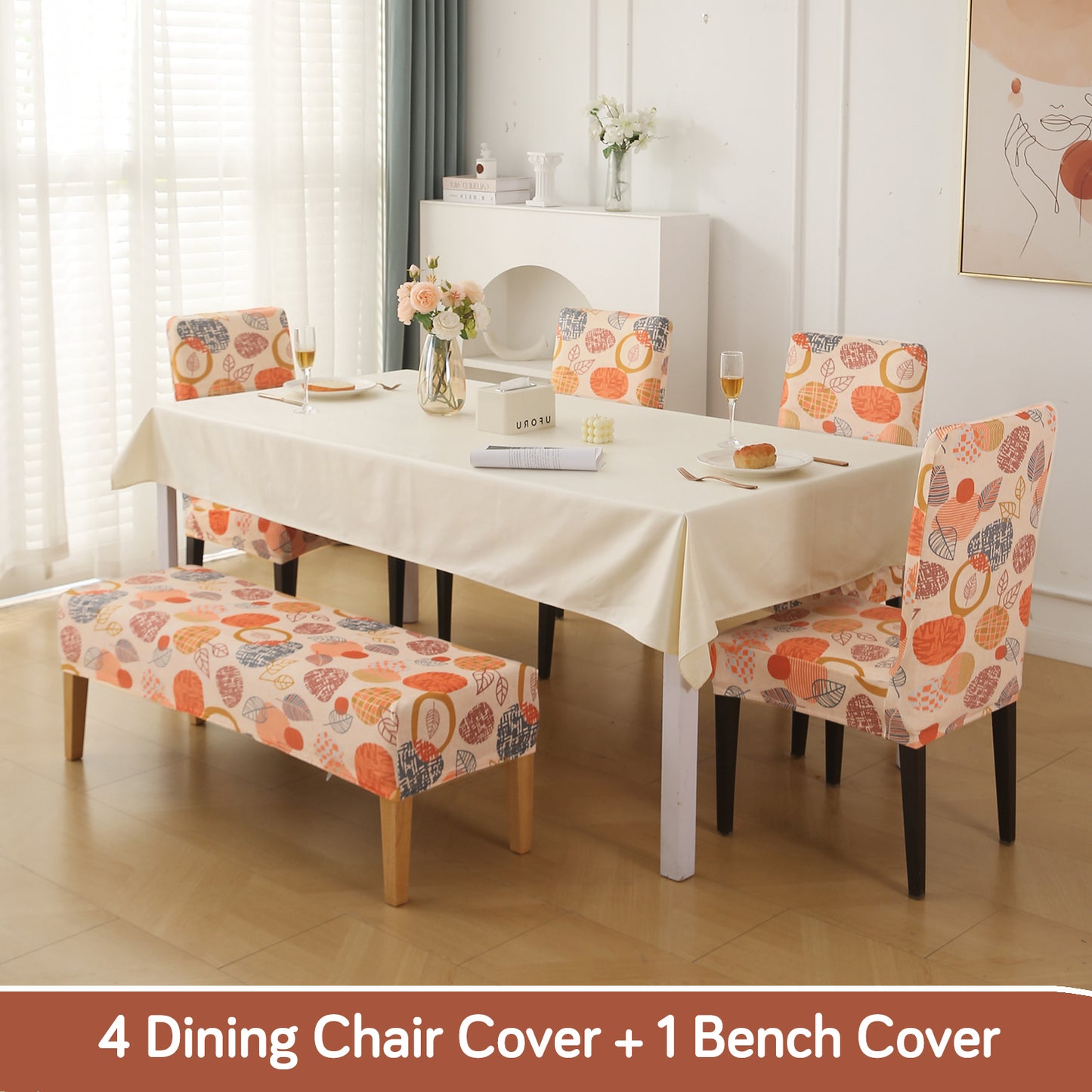 Premium Velvet Cover Set for 4 Dining Chairs + 1 Dining Bench, Coral Autumn Leaves