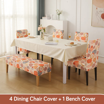 Premium Velvet Cover Set for 4 Dining Chairs + 1 Dining Bench, Coral Autumn Leaves