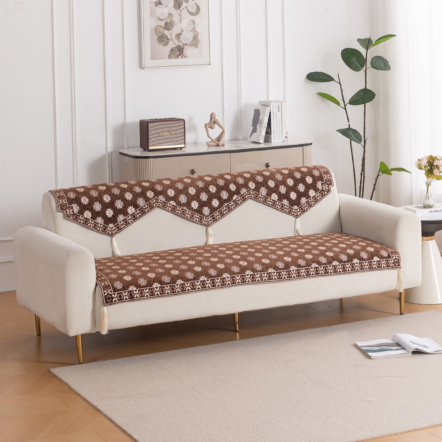 Heritage Weave Premium Jacquard Sofa Cover Set with Tassels - Russet Brown