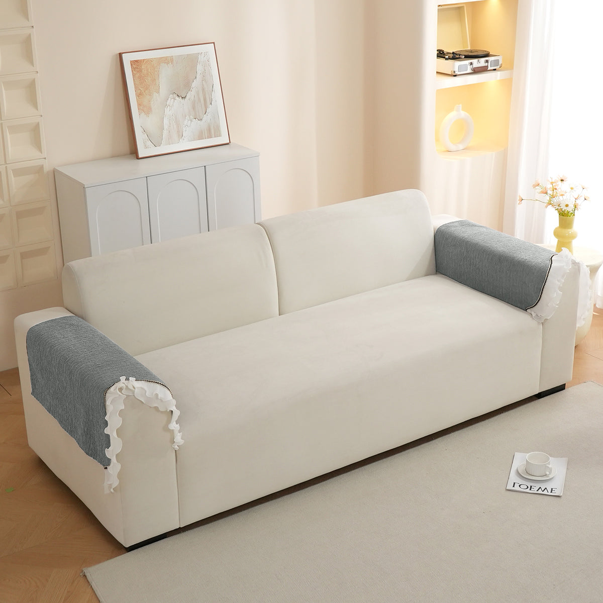 French Classic Frill Wavy Sofa Cover Mat, Moonstone Grey
