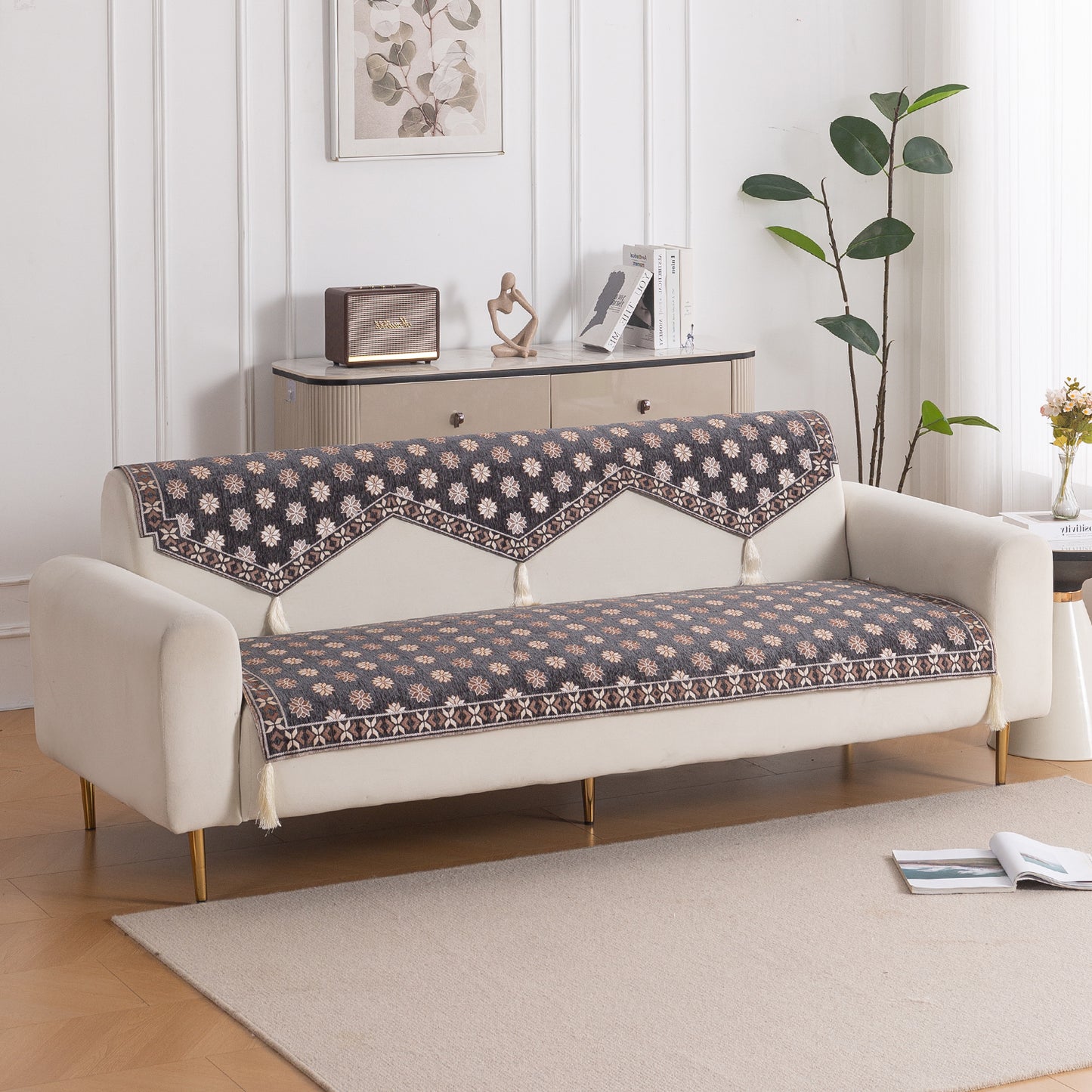 Heritage Weave Premium Jacquard Sofa Cover Set with Tassels - Graphite Grey