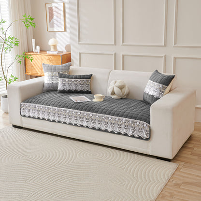 Premium Milk Velvet Sofa Cushion Cover with Lace Design, Porpoise Grey